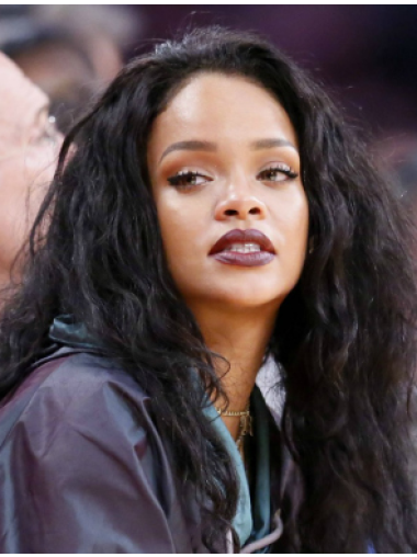 Perruques Rihanna Sans Frange 16" Noire Bouclé Longue